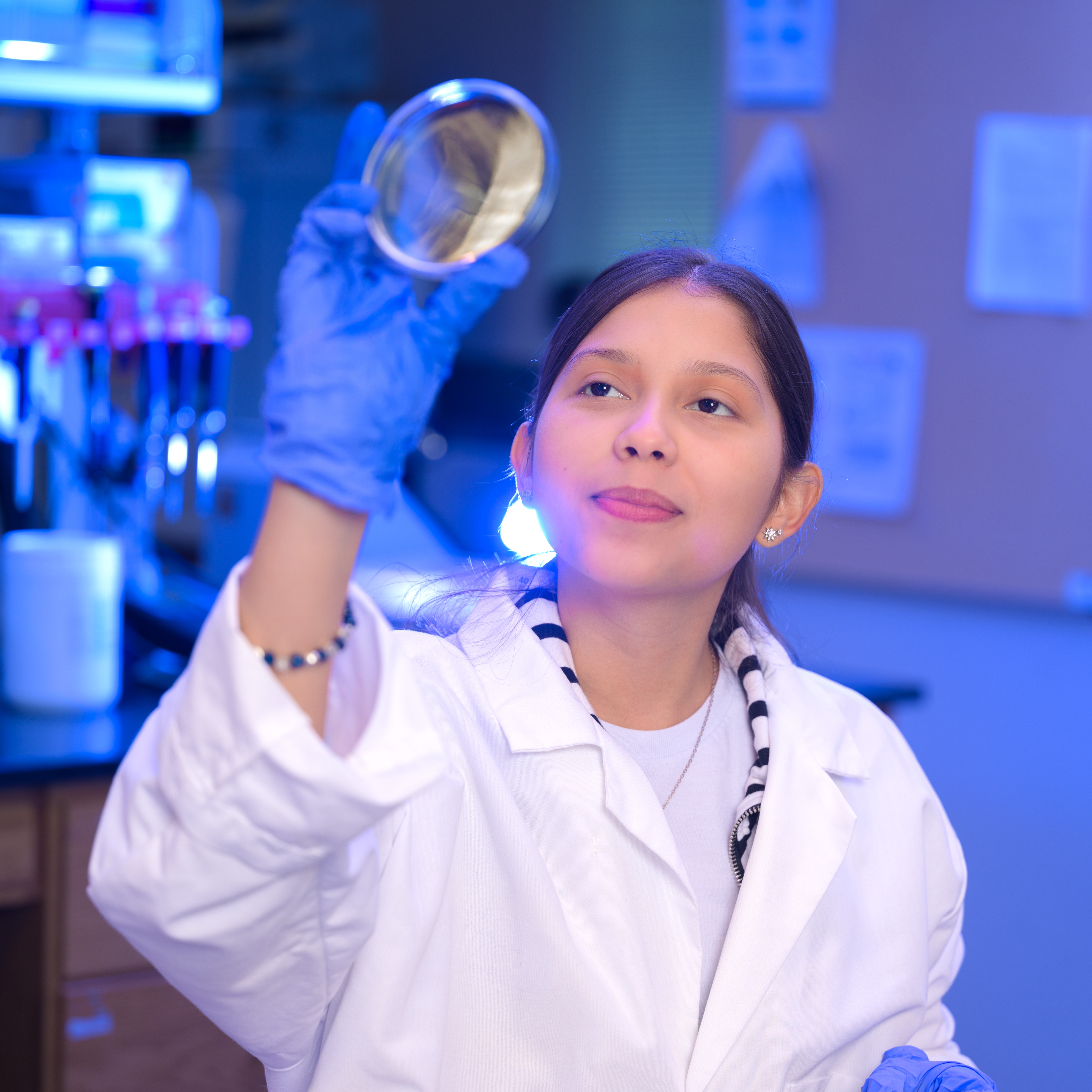 researcher looking at a petri dish