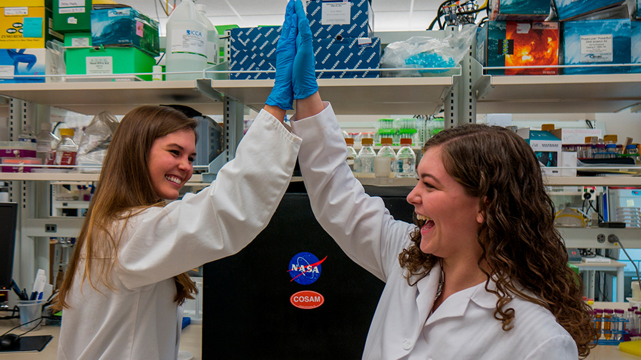 researchers in white lab coats hi-fiving
