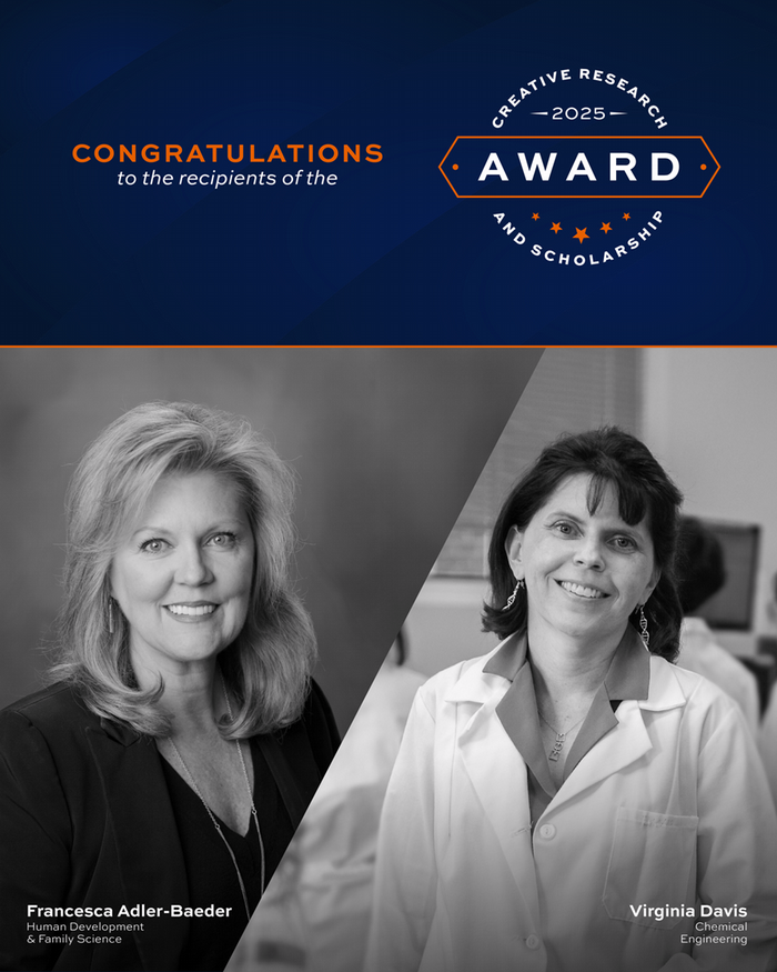 graphic with photos of Francesca Adler-Baeder and Virginia Davis. Text: Congratulations to the recipients of the 2025 Creative Research and Scholarship Award: Francesca Adler-Baeder (Human Development & Family Science); Virginia Davis (Chemical Engineering)
