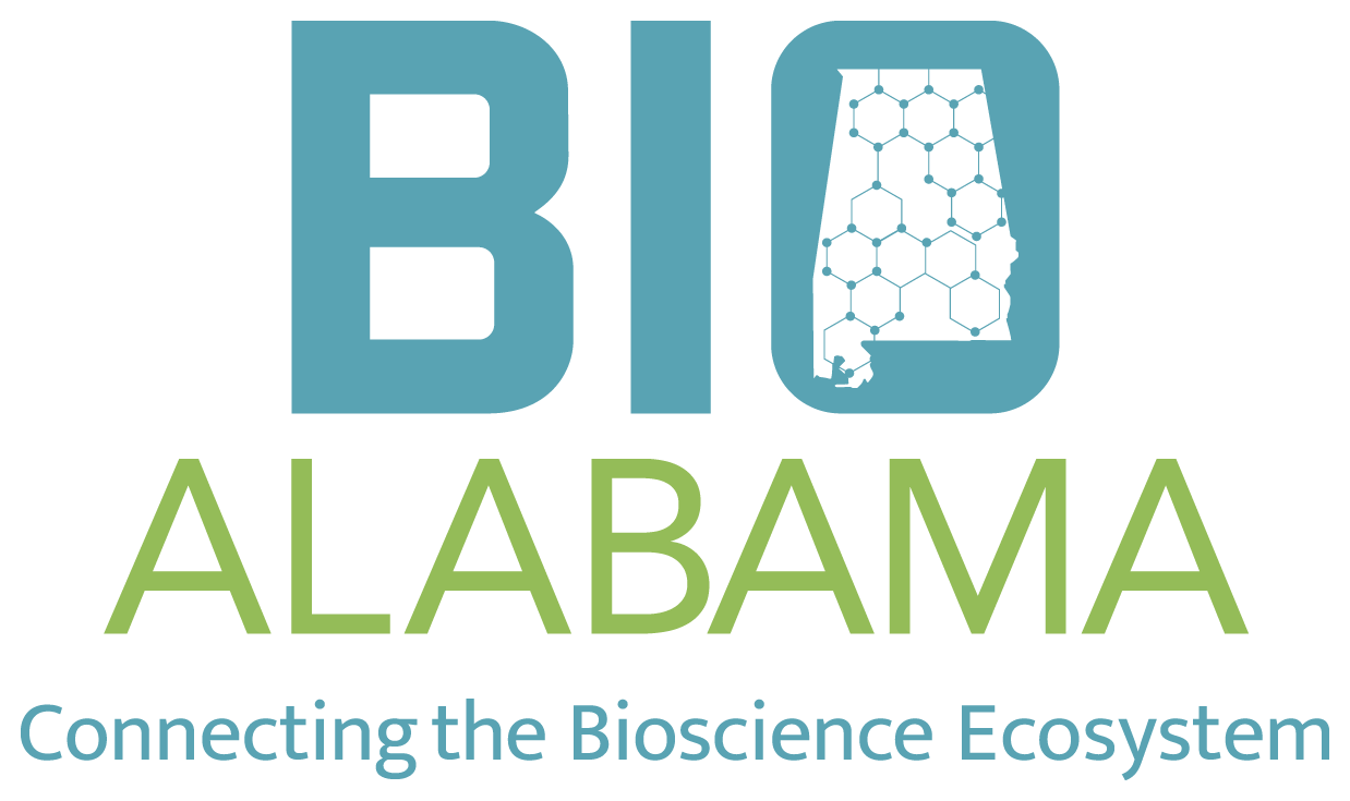 A large rectangular image with a gray background. The image contains the name BIO Alabama name logo and the tagline Connecting the Bioscience Ecosystem.