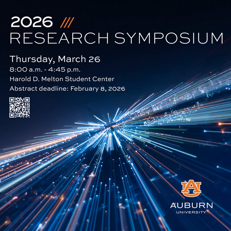 2026 Research Symposium graphic with text: Thursday, March 26, 8:00 a.m. - 4:45 p.m., Harold D. Melton Student Center, Abstract deadline: February 8, 2026
